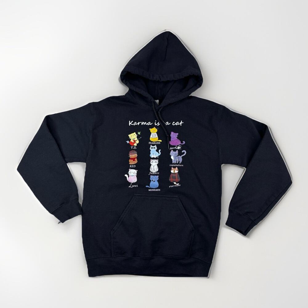 Swifty Karma Is a Cat Hoodie Gildan Unisex Small Black Eras‎ Cats Sweatshirt